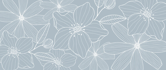 Vector floral pale blue illustration with flowers, daisies, branches, leaves and buds for decor, covers, backgrounds, wallpapers