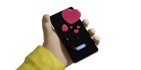 Sending love message on cellphone. Isolated on transparent background.