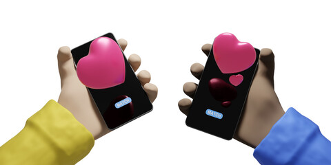 Match in dating application. Two person holding cellphone and matching in dating app. Isolated on transparent background.