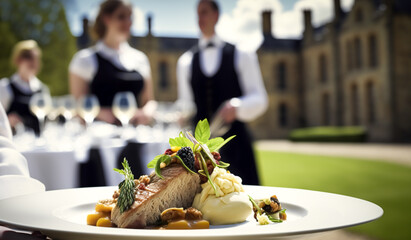 Luxury food service, main course served by a waiter at a wedding celebration or formal event in classic English style at luxurious hotel or country estate. Generative AI.