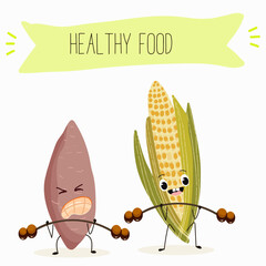 Illustration with corn, cob, mascot, maize,   corncob, sweet potato, yam funny characters    Funny and healthy food. Vitamins, cute face food, ingredients, vegetarianism, vector cartoon, antioxidant.