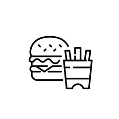 Cheeseburger with lettuce and sesame seed bun. French fries meal. Pixel perfect, editable stroke icon