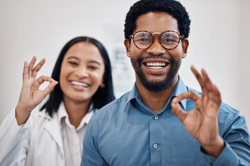 Perfect, optometry and portrait of a black man and optician with glasses, eyecare and choice of eyewear. Okay, happy and patient with a decision on eyeglasses with an optometrist and hand gesture - obrazy, fototapety, plakaty