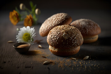 Fototapeta na wymiar Healthy and sweet wholemeal buns in the morning made with Generative AI