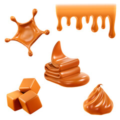Caramel different forms isolate 3D render illustration