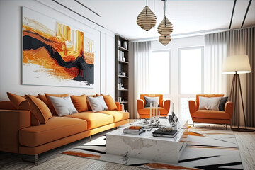 modern interior background, living room, Scandinavian style, 3D render, Generative Ai