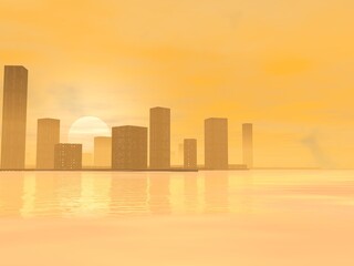 幻想的な都市と日没