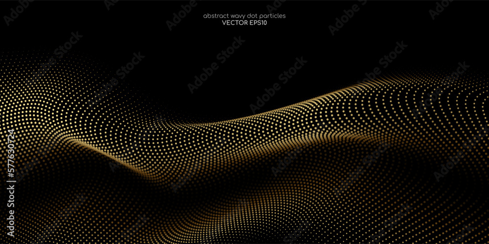 Poster Flowing dot particles wave pattern 3D curve gold gradient light isolated on black background. Vector in concept of luxury, technology, science, music.