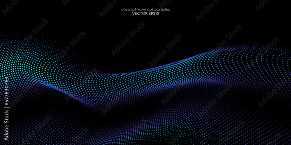 Wall mural flowing dot particles wave pattern 3d curve blue and green gradient light isolated on black backgrou