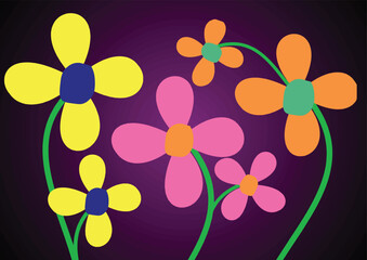Multicolored cartoon flowers on a purple background. Vector illustration for your design.