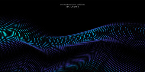 Flowing dot particles wave pattern 3D curve blue and green gradient light isolated on black background. Vector in concept of AI technology, science, music.