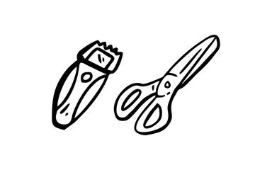 SHAVER AND SCISSORS Doodle art illustration with black and white style.