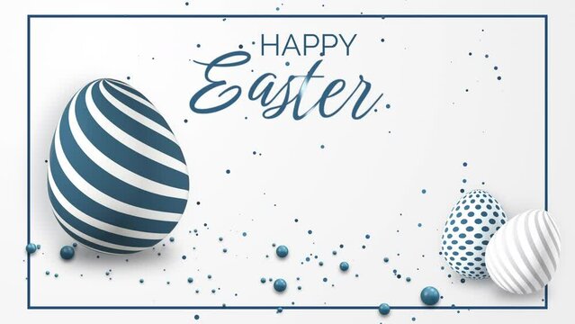White background with realistic 3D models of Easter egg with patterns. Looped spring animation with falling blue balls and confetti. Happy Easter.