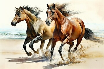 Naklejka na ściany i meble Two horses are running on a beach