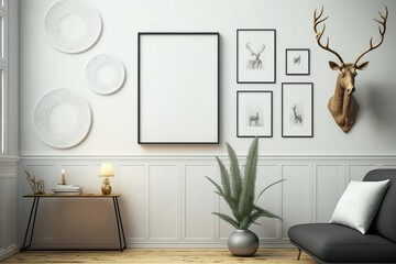 Gallery wall mockup in living room interior, frame mockup, 3d render