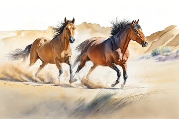 Obraz na płótnie Canvas Two horses are running on a beach