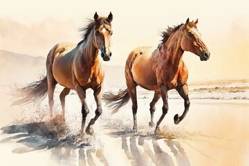 Two horses are running on a beach