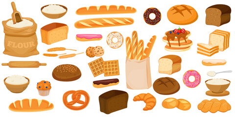 Vector cartoon set of flour bakery products. Freshly baked bread. Juicy elements of delicious food for your design. Eps 10.