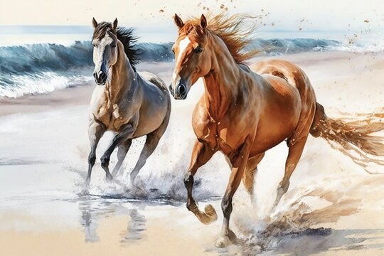 Two horses are running on a beach