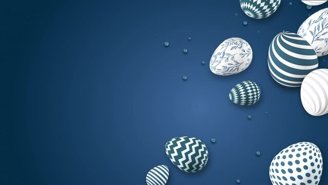 Group of Easter 3D eggs painted with blue patterns. Background with space for text. Looped holiday spring animation.