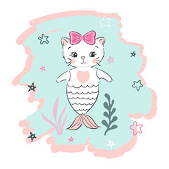 Cute mermaid cat. Cartoon illustration of a little kitten with mermaid tail.