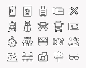 20 vector icon travel in outline style. Perfect for element design brochure, ui app, poster,etc.
