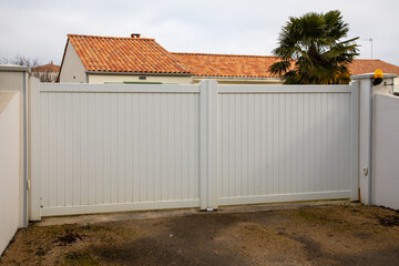 portal steel beige double high large white metal gate fence on modern house street
