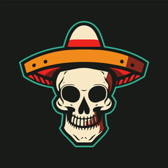 Mexican skull with sombrero hat. Vector illustration on black background.