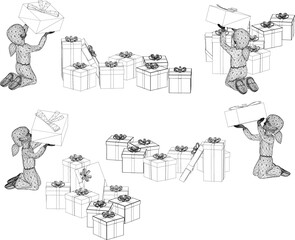 Vector illustration sketch of cheerful kid opening gifts