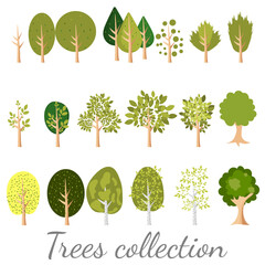 Different trees isolated on white background. Cute green plants, forest.