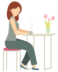 Cute girl drinks hot coffee at the table with tulips. Vector illustration in a flat style