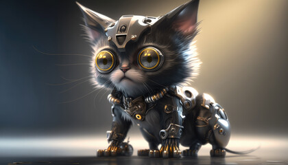 A kitten with a robot body and legs. Created with Generative AI.
