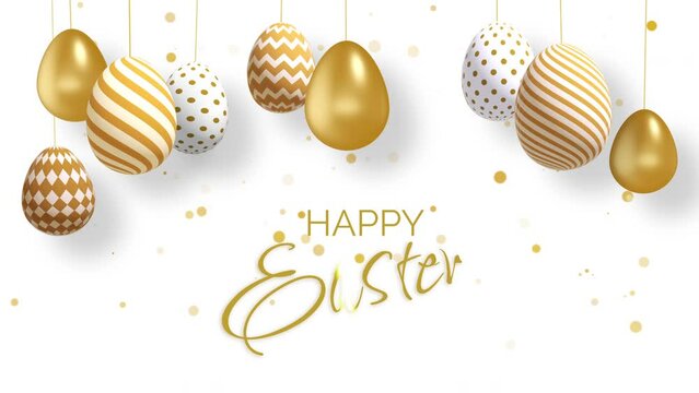 Golden Easter eggs with patterns on strings. Shiny gold particles on white background. Looped holiday animation Hppy Easter.