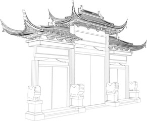 Vector illustration sketch of traditional chinese holy temple gate for prayer