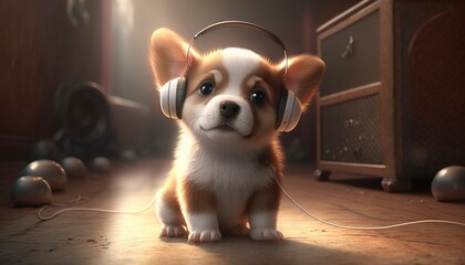 Cute little dog listening to music. Created with generative AI.