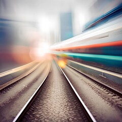 Naklejka premium Train rushes along the rails in moment of motion on urban panorama defocus background. Blur abstract graphic. AI