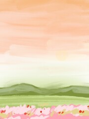 Fototapeta na wymiar Hand Drawn Sunset Landscape Illustration