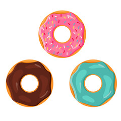 Vector cartoon set of sweet flour bakery products. Donuts. Juicy elements of delicious food for your design. Eps 10.