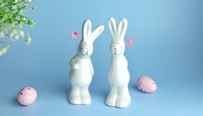 Decorative rabbits and Easter eggs on a wooden background