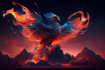 Fiery phoenix on mountains background. Generative ai