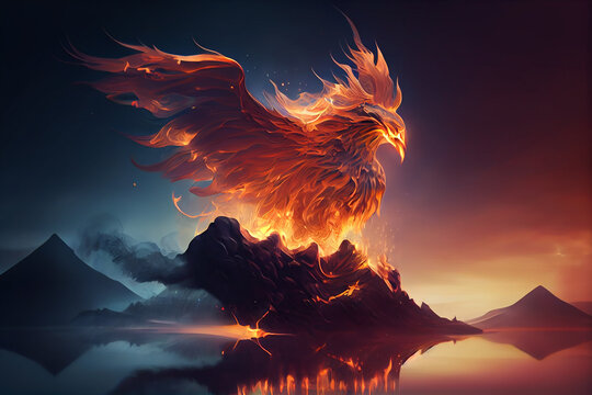 Fiery phoenix on mountains background. Generative ai