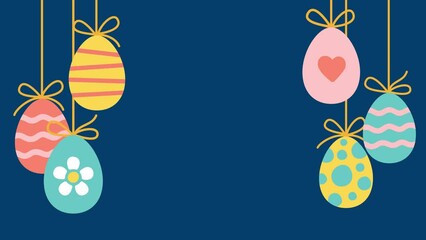 Easter eggs in a doodle style fall on top and hanging on a rope. 4K animation on a blue background for text massage
