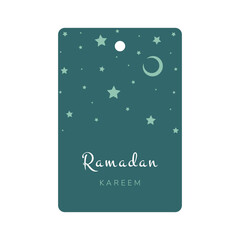 Ramadan Kareem. Islamic gift tag with moon and stars. Vector holiday illustration in green colors.