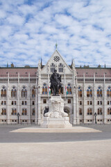 Equestrian statue of Gyula Andrassy at Lajos Kossuth Square in front of the Hungarian Parliament in Budapest, Hungary