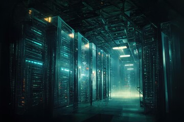 Plakat Shot of Data Center With Multiple Rows of Fully Operational Server Racks. Server room. Generative AI.