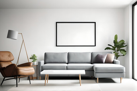 Interior living room, gallery wall poster frame mockup in white room with wooden furniture and lots of green plants.