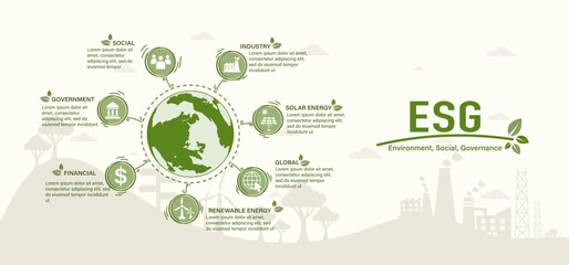 ESG concept icon for business and organization, Environment, Social, Governance and sustainability development concept with green world background, vector illustration