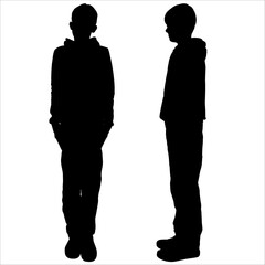 Boy, guy, teenager - model. A boy stands straight, and his arms are located along the torso without movement. Side view, full face. Black silhouette isolated on white background. Looking at the camera