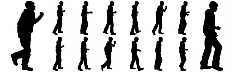 Big set of boy silhouettes standing, walking, isolated on white. Boys in different poses and with different gestures. Boy silhouette, side view. Teenagers go one by one. To animate the steps of a teen