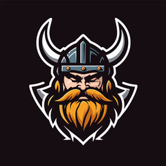 Viking warrior head with horn and helmet. Vector illustration isolated on black background.